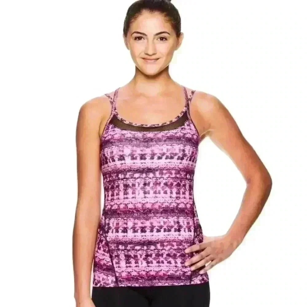 Gaiam Purple Abstract Strappy Back Yoga Tank Top with Built-in Bra Small Workout